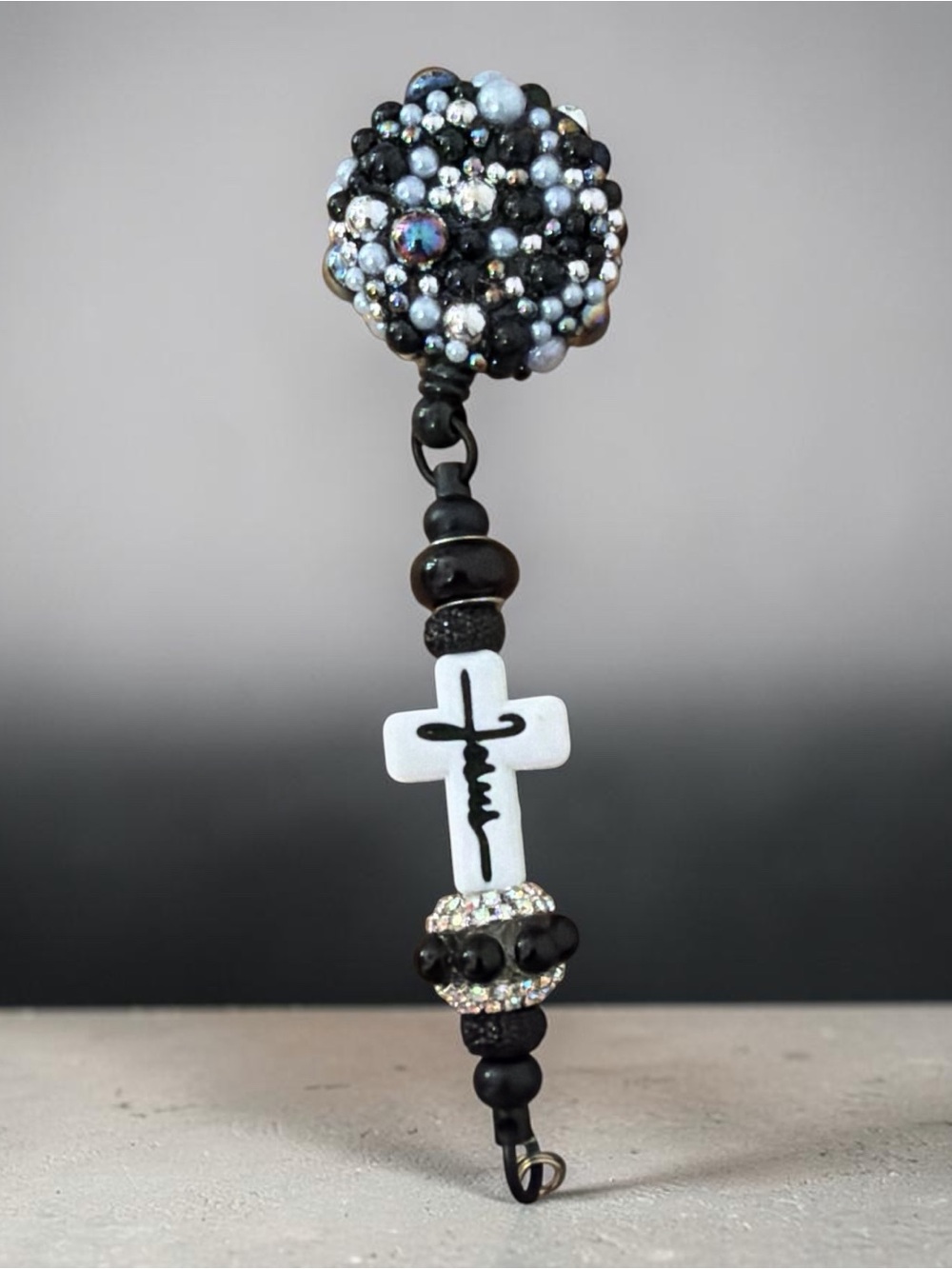 Black and White Cross badge reel- Beaded Religious Charm